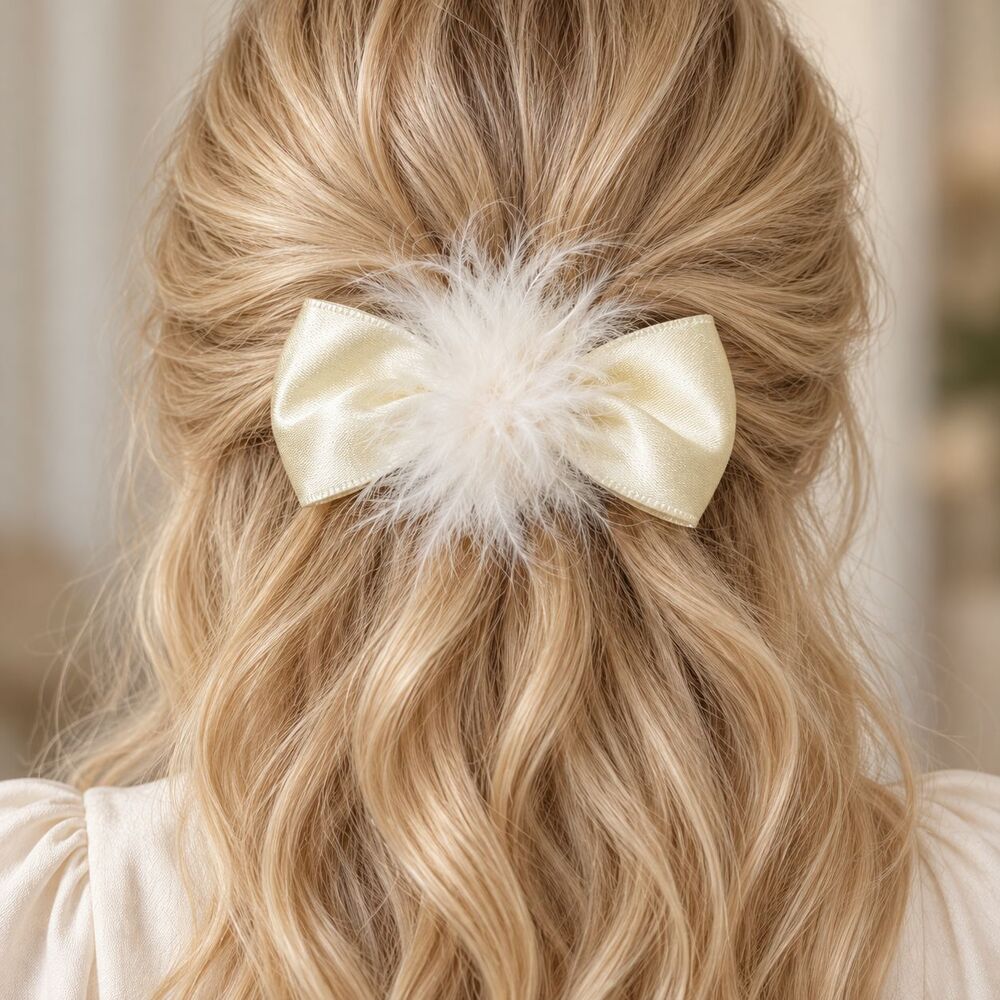 Vintage 1980s Satin Bow Feather Hair Barrette Bridal Romantic Hair Clip NWOT